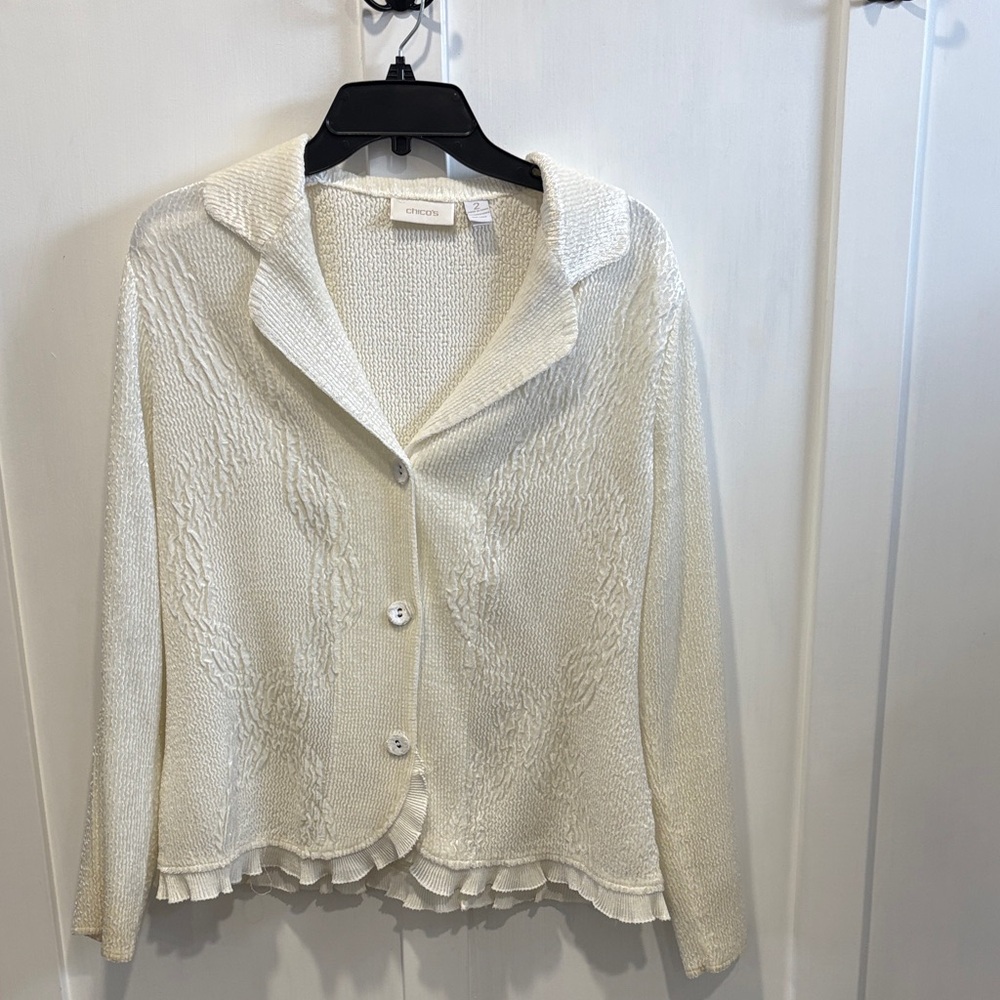 Chico's Cream Textured Knit Button-Front Blazer with Ruffle Hem